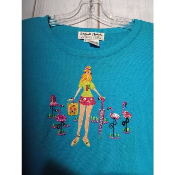Pink Flamingo Sweater Ladies Large Blue Short Sleeve Jack B Quick Tourist - Picture 3 of 5
